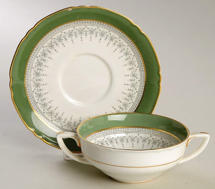 Regency Green and Gray (Newer) Flat Cream Soup Bowl & Saucer Set by Royal Worcester-1