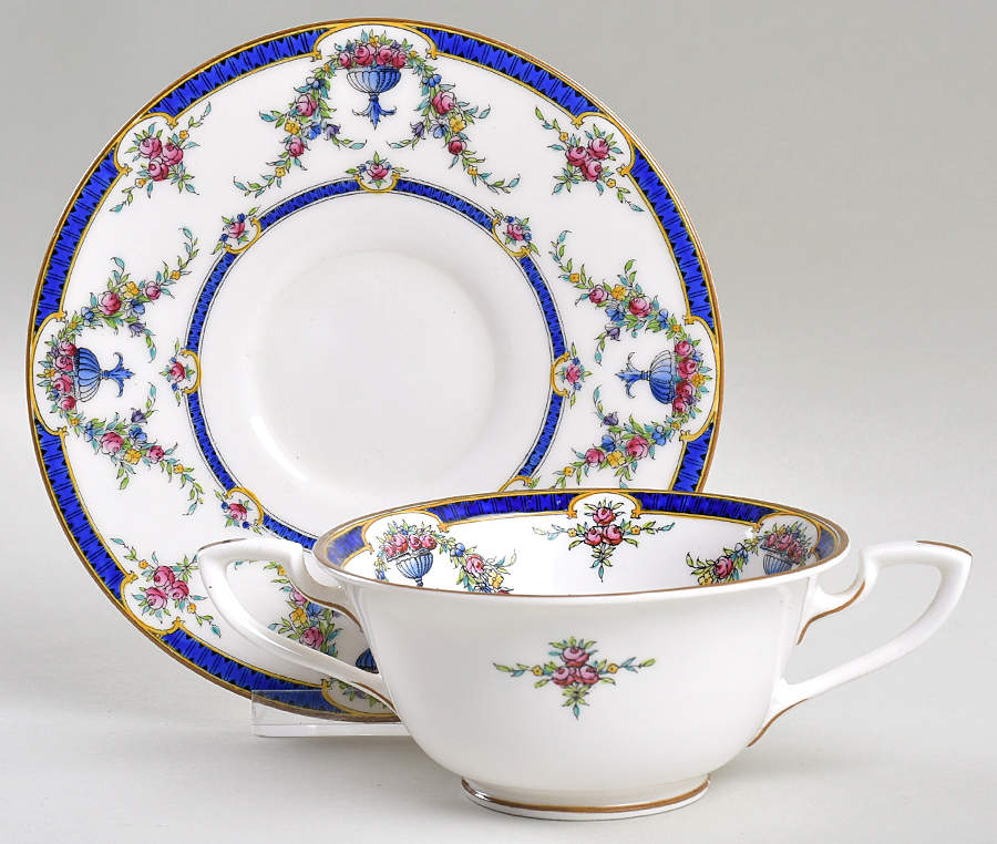 Rosemary Dark Blue White Footed Cream Soup Bowl & Saucer Set by Royal Worcester-1