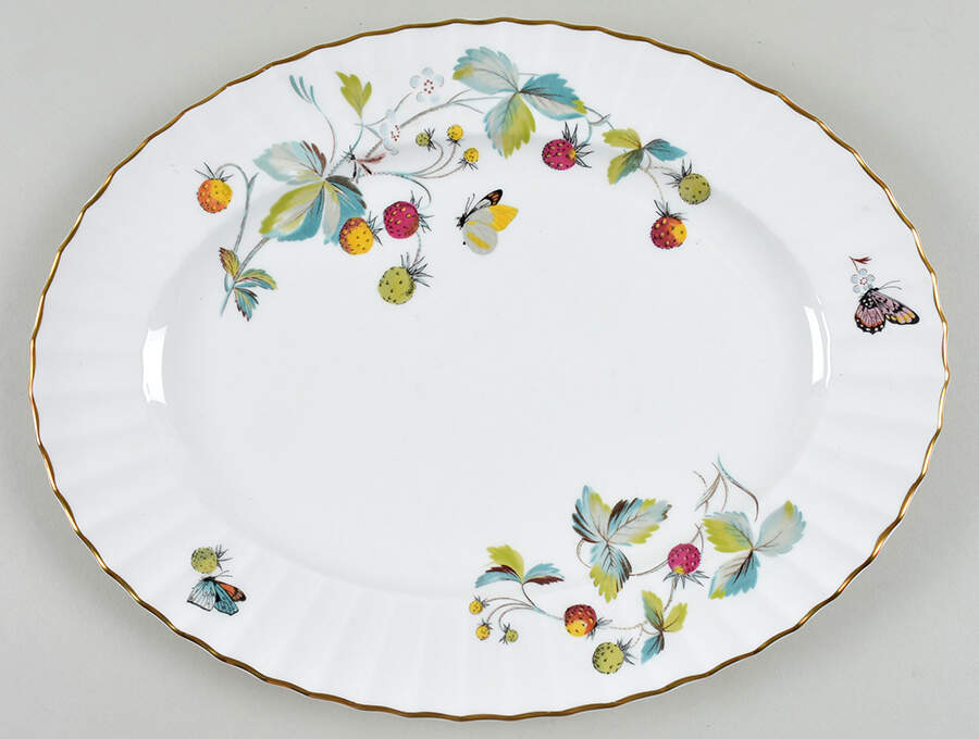 Strawberry Fair (Bone, Rim, Fluted, Gold) 13" Oval Serving Platter by Royal Worcester-1