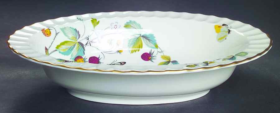 Strawberry Fair (Bone, Rim, Fluted, Gold) 10" Oval Vegetable Bowl by Royal Worcester-1