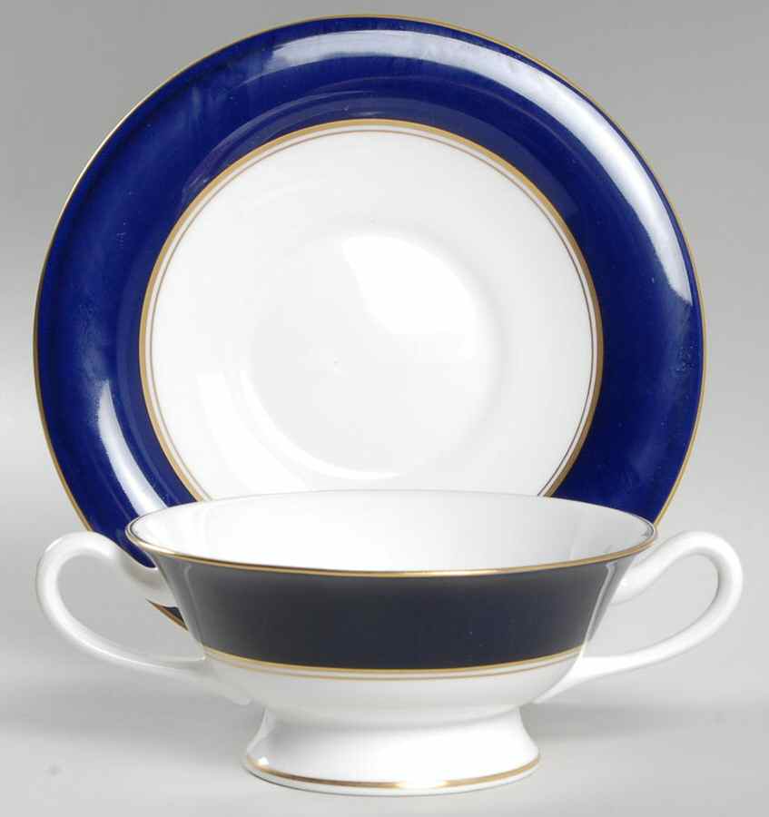 Ventura Cobalt Blue Footed Cream Soup Bowl & Saucer Set by Royal Worcester-1