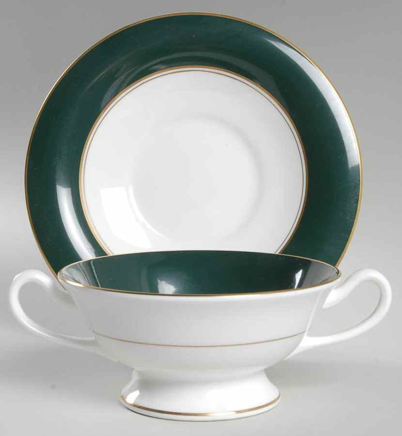Ventura Dark Green Footed Cream Soup Bowl & Saucer Set by Royal Worcester-1
