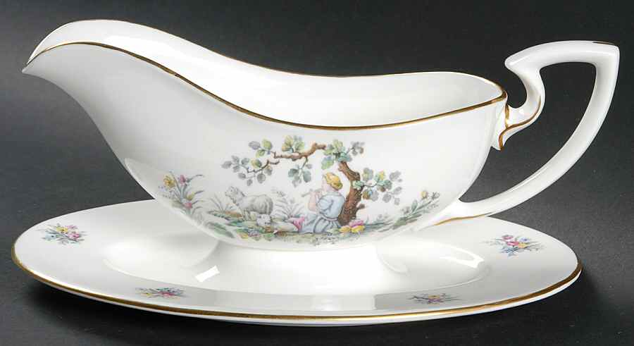 Watteau Gravy Boat with Attached Underplate by Royal Worcester-1