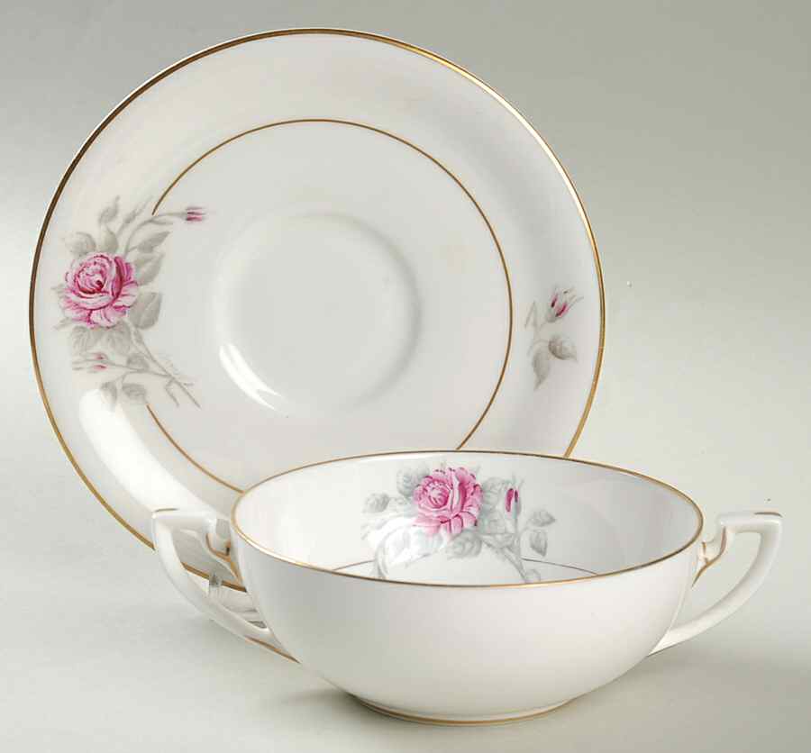 Worcester Rose (Dark Pink Rose) Flat Cream Soup Bowl & Saucer Set by Royal Worcester-1