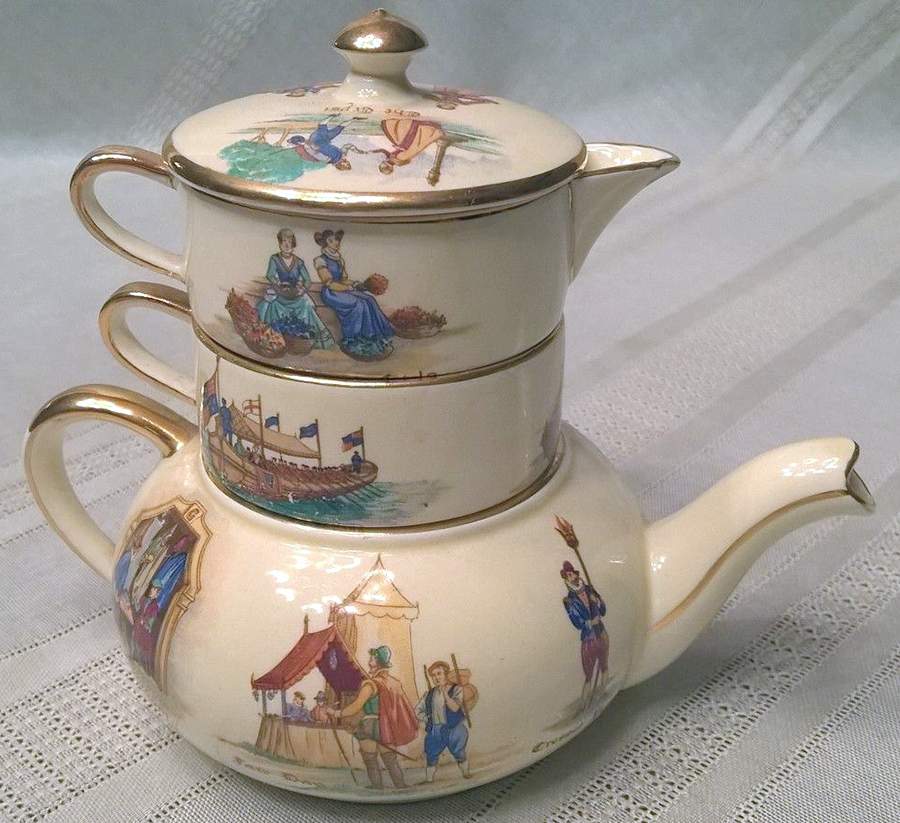 Old English Markets Mini Teapot Stacking Set (Creamer, Sugar) by Royal Winton-1