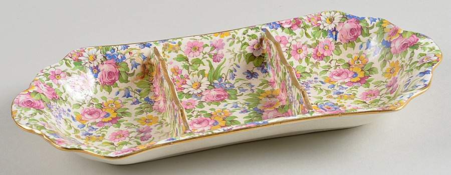 Summertime (Pre 1960, Cream Background, Gold Trim) 3-Part Relish by Royal Winton-1
