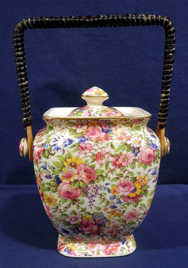 Summertime (Pre 1960, Cream Background, Gold Trim) Biscuit Barrel & Lid by Royal Winton-1