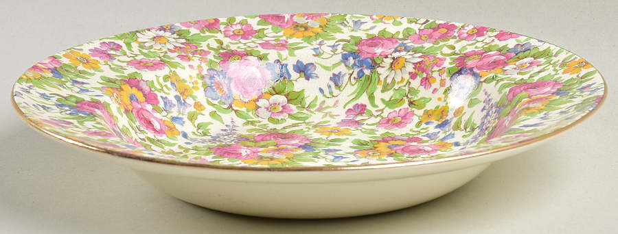 Summertime (Pre 1960, Cream Background, Gold Trim) Rim Soup Bowl by Royal Winton-1