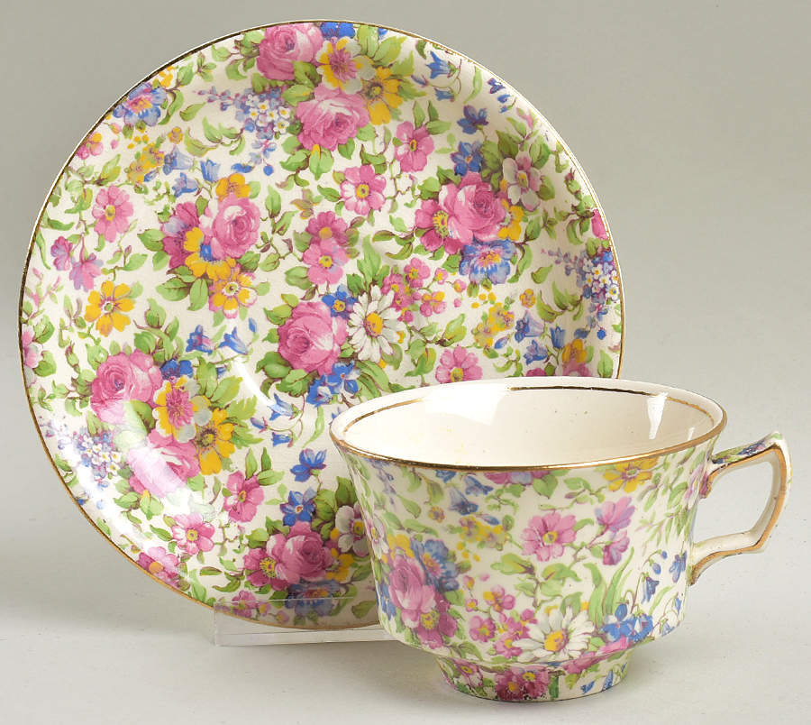 Summertime (Pre 1960, Cream Background, Gold Trim) Flat Cup & Saucer Set by Royal Winton-1