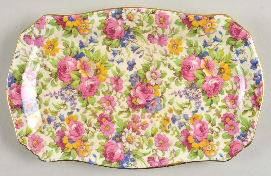 Summertime (Pre 1960, Cream Background, Gold Trim) Rectangular Tray by Royal Winton-1