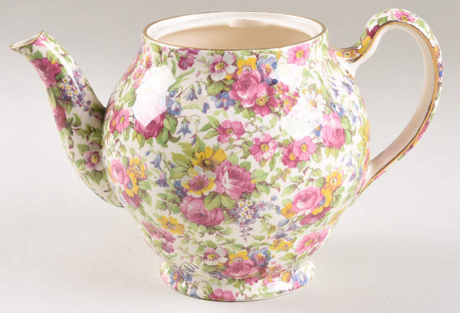 Summertime (Pre 1960, Cream Background, Gold Trim) Unknown Shape #1 Teapot No Lid by Royal Winton-1