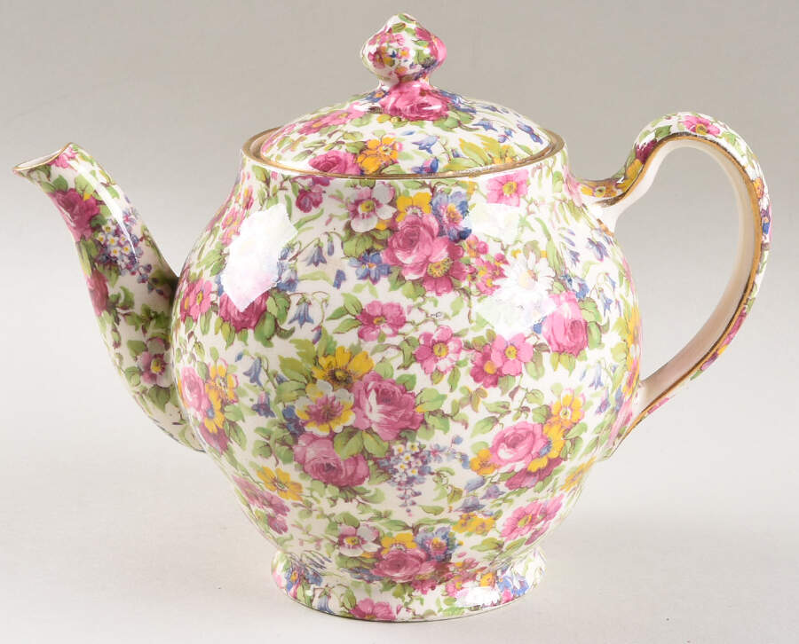 Summertime (Pre 1960, Cream Background, Gold Trim) Unknown Shape #1 Teapot & Lid by Royal Winton-1