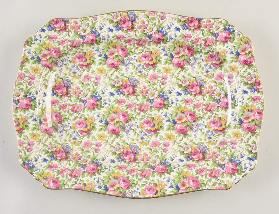 Summertime (Pre 1960, Cream Background, Gold Trim) 14" Ascot Rectangular Platter by Royal Winton-1