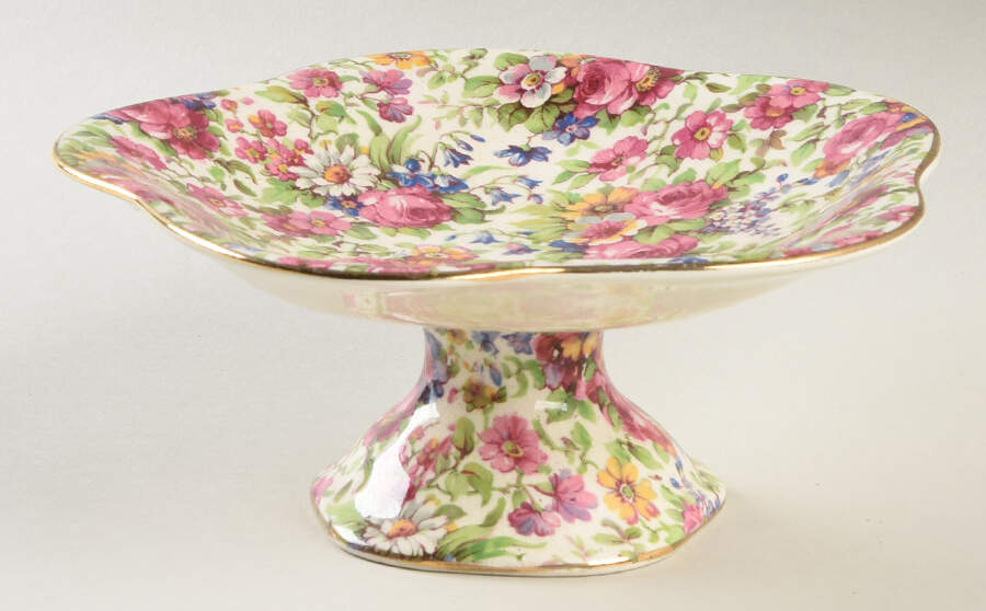 Summertime (Pre 1960, Cream Background, Gold Trim) Footed Bon Bon by Royal Winton-1