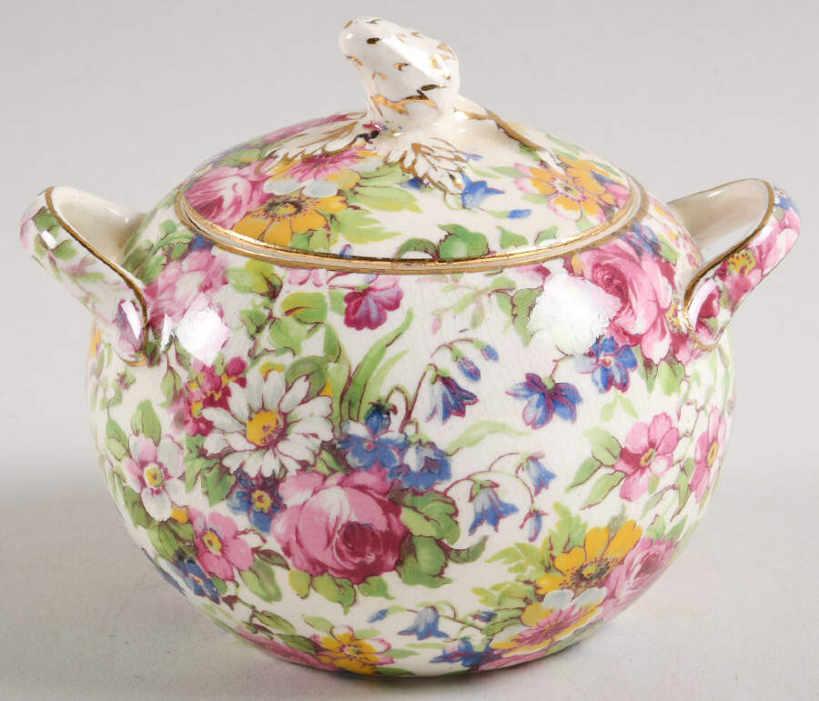 Summertime (Pre 1960, Cream Background, Gold Trim) Elite Sugar Bowl & Lid by Royal Winton-1