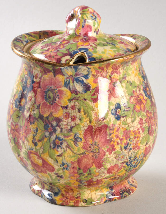 Summertime (Pre 1960, Cream Background, Gold Trim) Jam/Jelly & Lid by Royal Winton-1