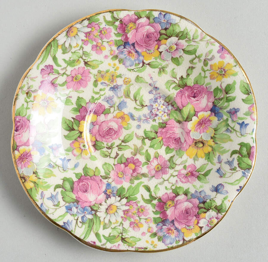Summertime (Pre 1960, Cream Background, Gold Trim) Underplate for Ascot Mayonaise Bowl by Royal Winton-1