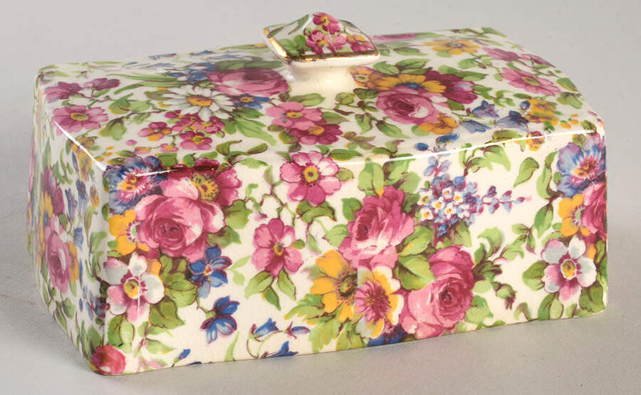 Summertime (Pre 1960, Cream Background, Gold Trim) Lid for Butter/Cheese by Royal Winton-1