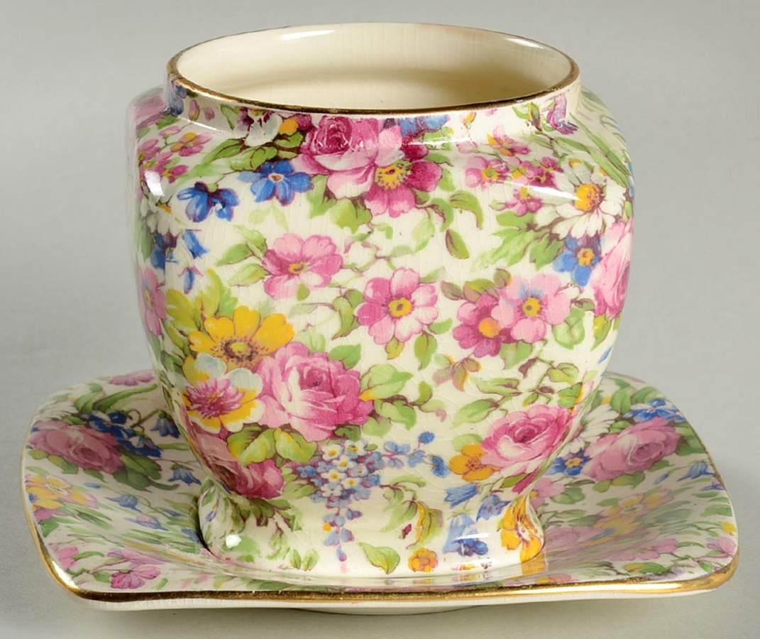Summertime (Pre 1960, Cream Background, Gold Trim) Jam/Jelly & Underplate No Lid by Royal Winton-1