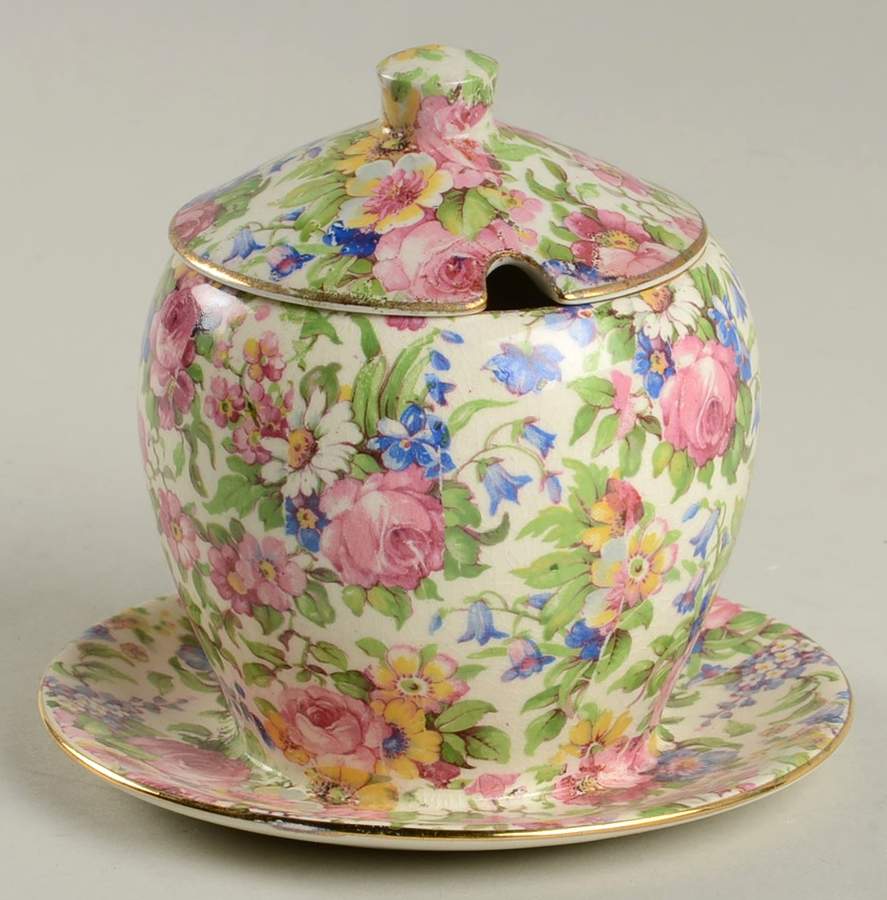 Summertime (Pre 1960, Cream Background, Gold Trim) Jam/Jelly & Lid w/Attached Underplate by Royal Winton-1