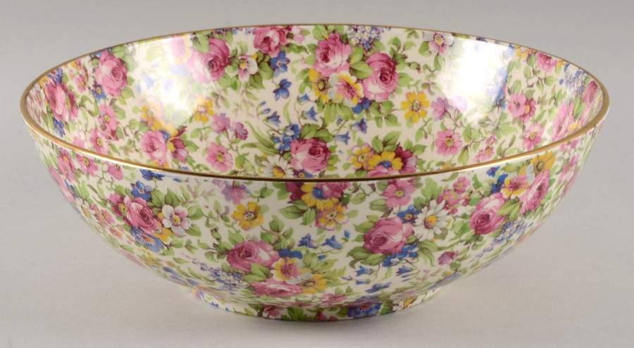 Summertime (Pre 1960, Cream Background, Gold Trim) 9" Salad Serving Bowl by Royal Winton-1