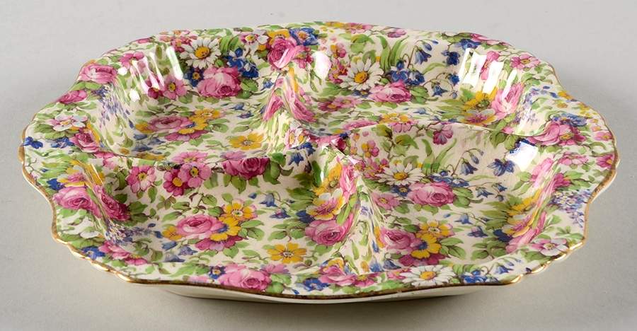Summertime (Pre 1960, Cream Background, Gold Trim) 4-Part Ascot Shape Relish by Royal Winton-1