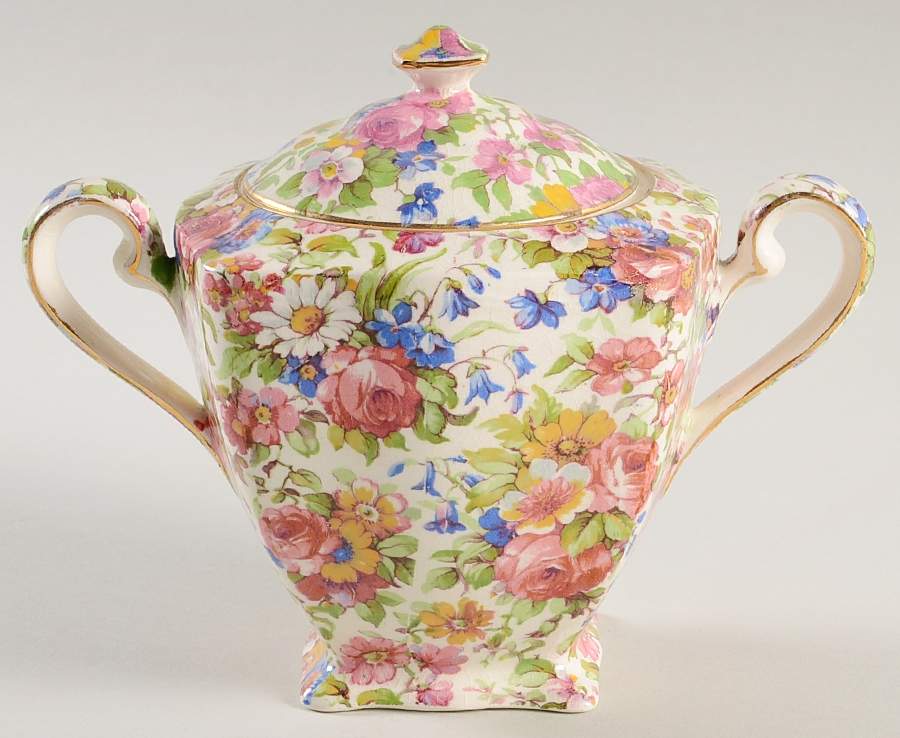 Summertime (Pre 1960, Cream Background, Gold Trim) Ascot Sugar Bowl & Lid by Royal Winton-1