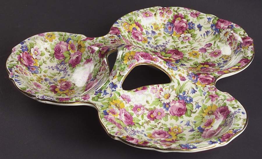 Summertime (Pre 1960, Cream Background, Gold Trim) 3-Part Relish by Royal Winton-1