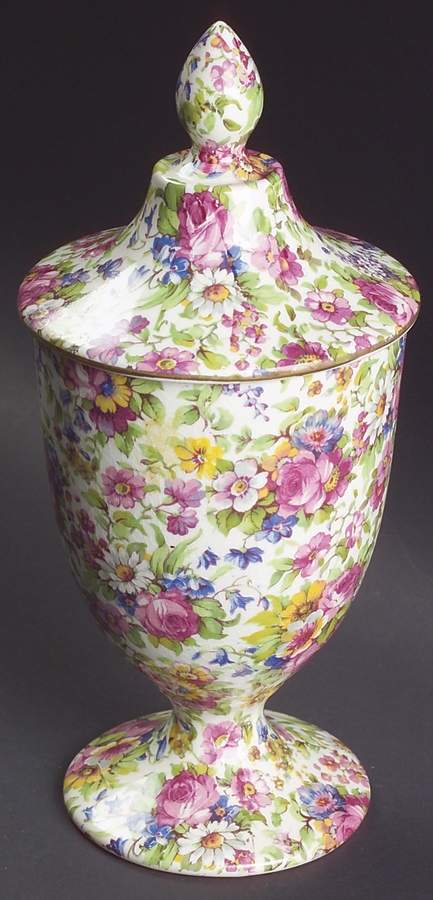 Summertime (Pre 1960, Cream Background, Gold Trim) Richmond Candy Jar & Lid by Royal Winton-1