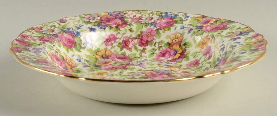 Summertime (Pre 1960, Cream Background, Gold Trim) Rim Soup Bowl by Royal Winton-1