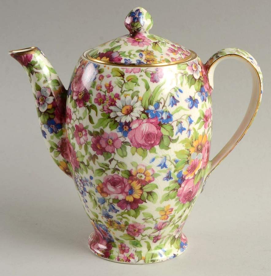 Summertime (Pre 1960, Cream Background, Gold Trim) Individual Coffee Pot & Lid by Royal Winton-1