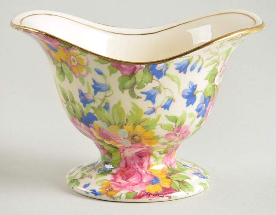 Summertime (Pre 1960, Cream Background, Gold Trim) Grecian Shape Open Sugar Bowl by Royal Winton-1