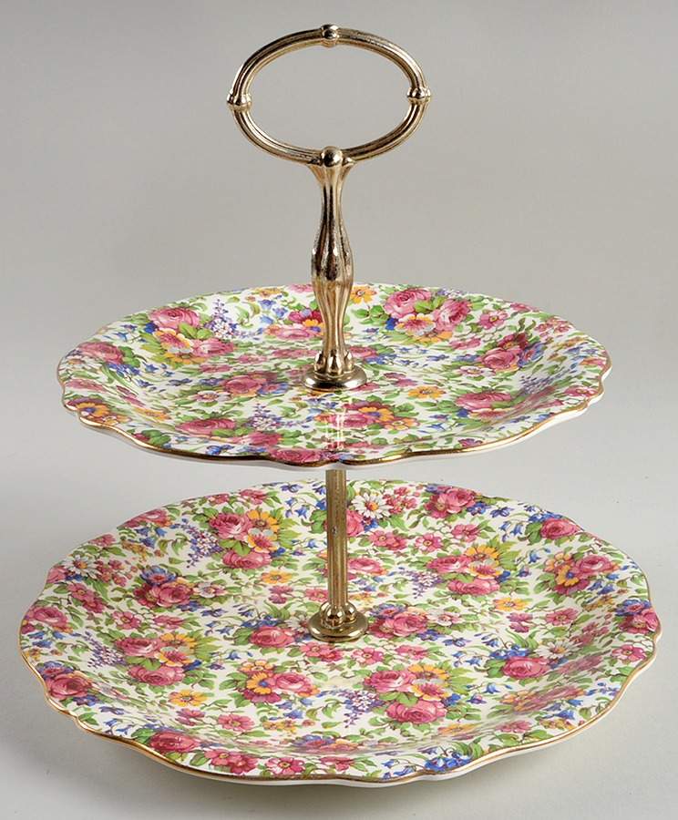 Summertime (Pre 1960, Cream Background, Gold Trim) 2 Tiered Serving Tray (Dinner & Salad Plate) by Royal Winton-1