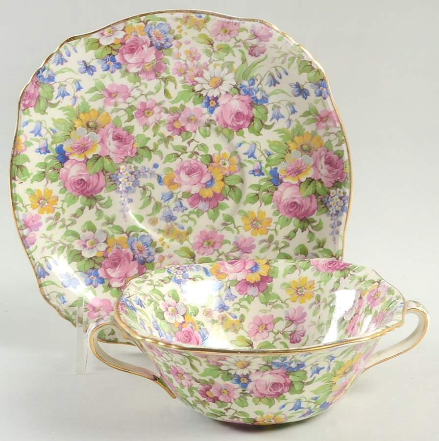 Summertime (Pre 1960, Cream Background, Gold Trim) Flat Cream Soup Bowl & Saucer Set by Royal Winton-1