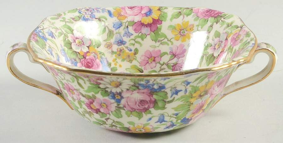 Summertime (Pre 1960, Cream Background, Gold Trim) Flat Cream Soup Bowl by Royal Winton-1