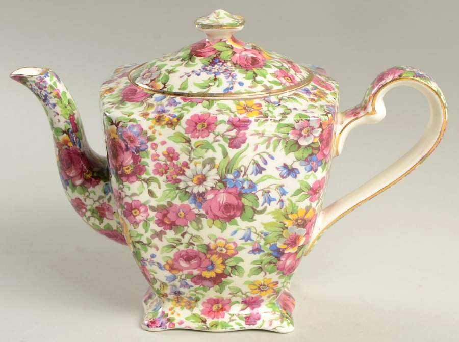 Summertime (Pre 1960, Cream Background, Gold Trim) Mini Ascot Teapot & Lid by Royal Winton-1