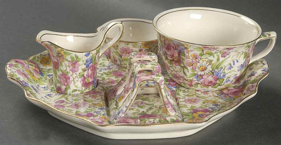 Summertime (Pre 1960, Cream Background, Gold Trim) (5 Piece) Breakfast Set (Cup, Cr, Su, To, Tray) by Royal Winton-1