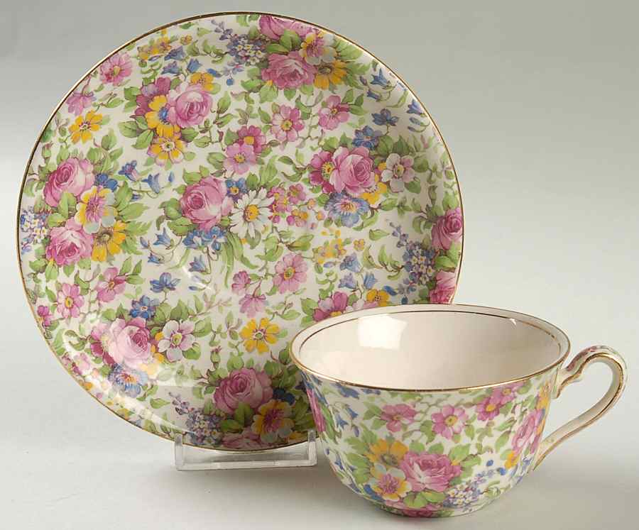 Summertime (Pre 1960, Cream Background, Gold Trim) Ascot Shape Flat Cup & Round Saucer Set by Royal Winton-1