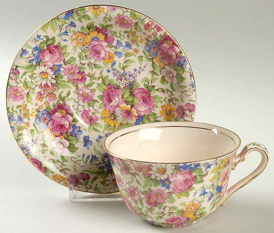 Summertime (Pre 1960, Cream Background, Gold Trim) Ascot Shape Flat Cup & Round Saucer Set by Royal Winton-1