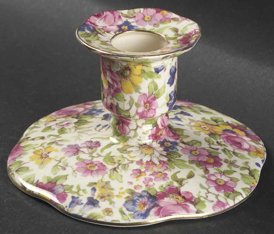 Summertime (Pre 1960, Cream Background, Gold Trim) Single Light Candlestick by Royal Winton-1