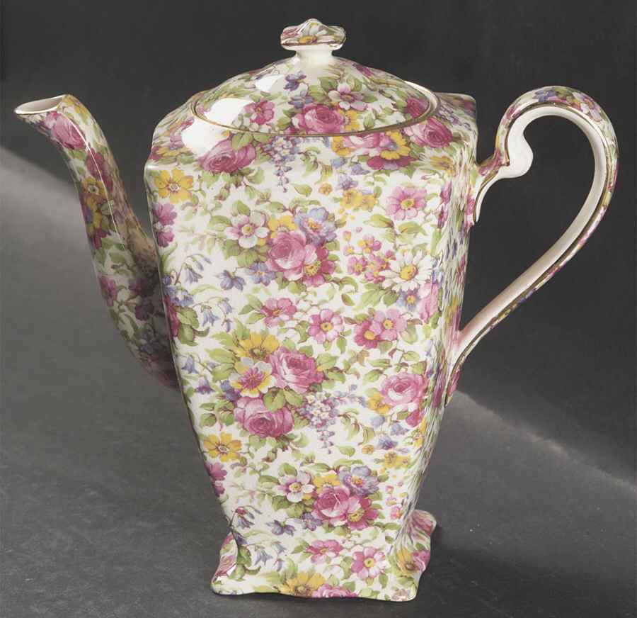 Summertime (Pre 1960, Cream Background, Gold Trim) Ascot Shape Coffee Pot & Lid by Royal Winton-1