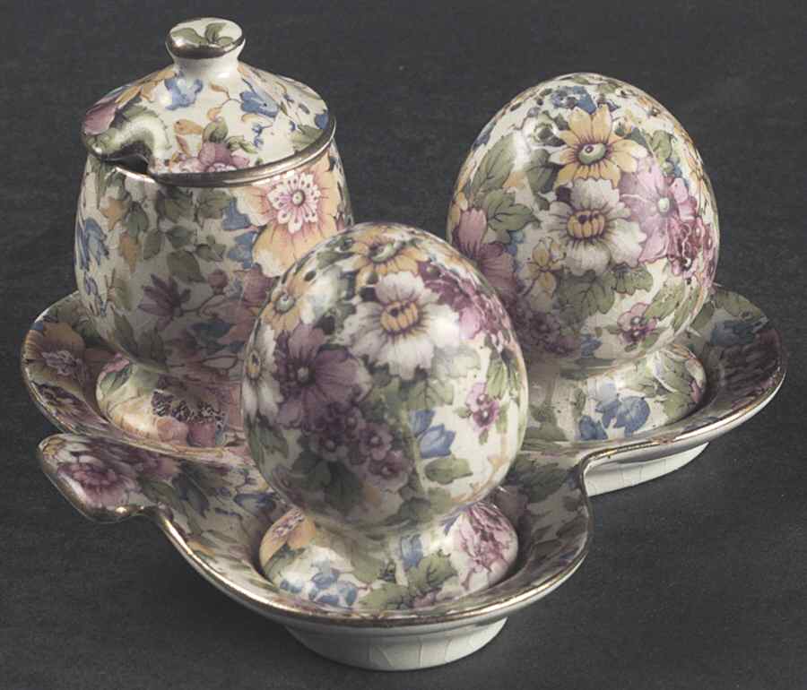 Summertime (Pre 1960, Cream Background, Gold Trim) Clover Leaf Cruet Set, Salt and Pepper, Mustard On by Royal Winton-1