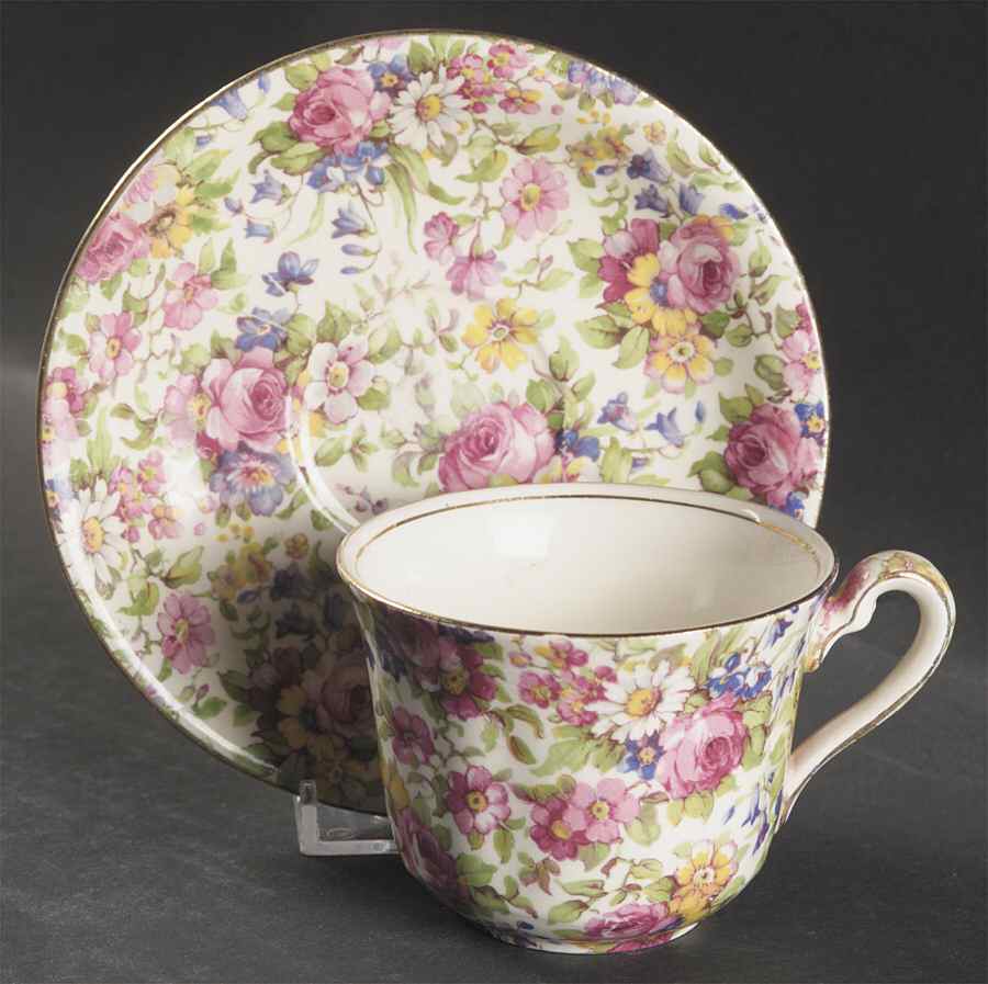 Summertime (Pre 1960, Cream Background, Gold Trim) Ascot Shape Flat Cup & Saucer Set by Royal Winton-1