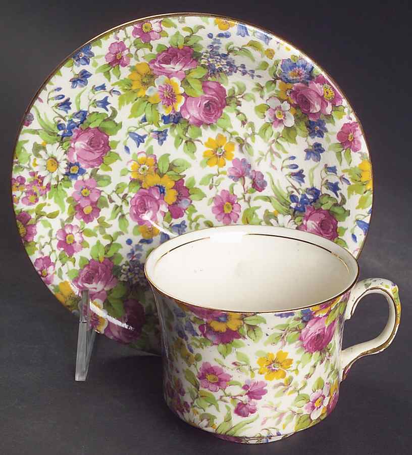 Summertime (Pre 1960, Cream Background, Gold Trim) King Flat Cup & Saucer Set by Royal Winton-1