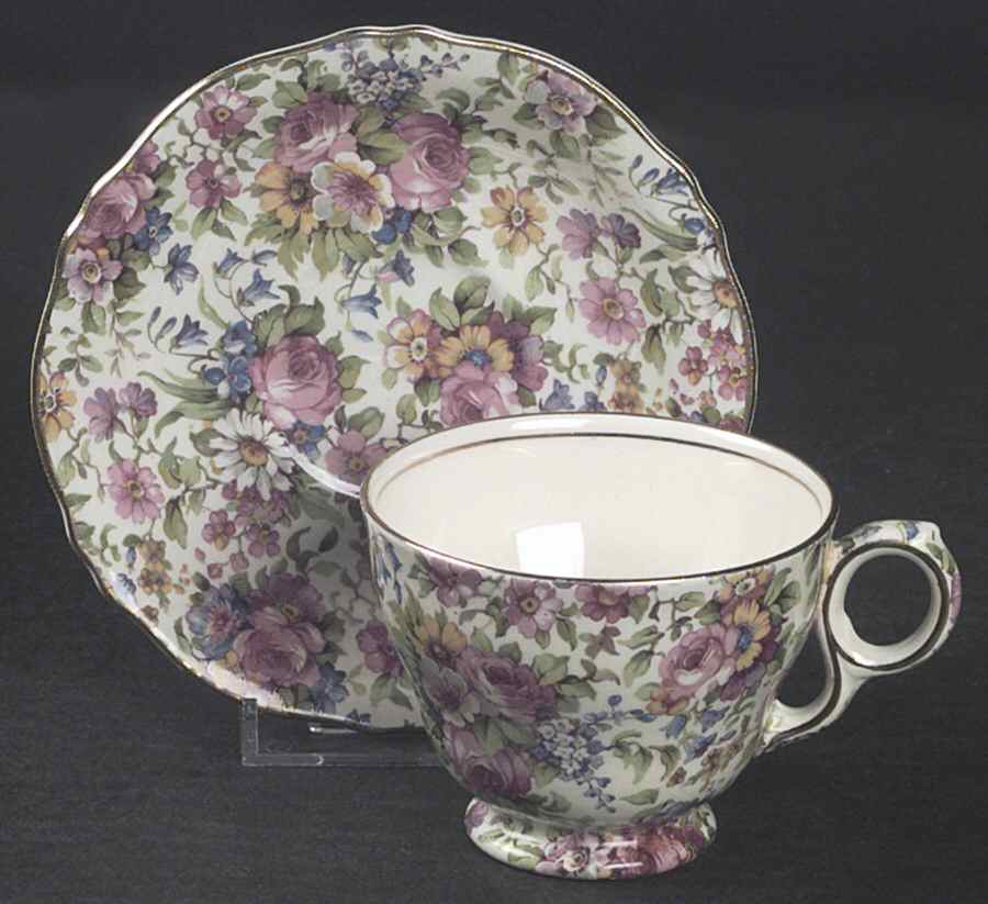 Summertime (Pre 1960, Cream Background, Gold Trim) Raleigh Footed Cup & Saucer Set by Royal Winton-1