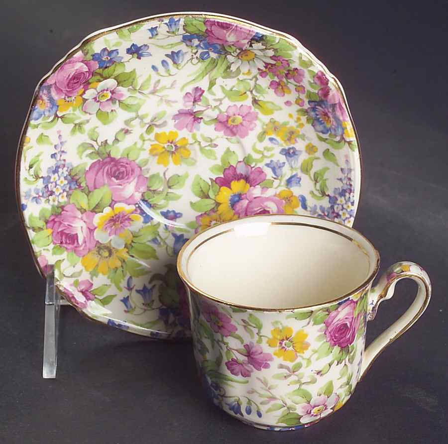 Summertime (Pre 1960, Cream Background, Gold Trim) Ascot Flat Demitasse Cup and Saucer Set by Royal Winton-1