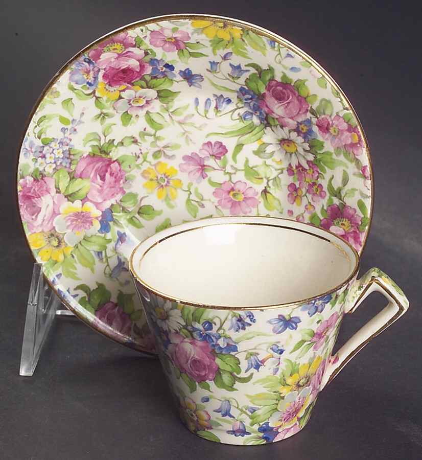 Summertime (Pre 1960, Cream Background, Gold Trim) Flat Hastings Demitasse Cup and Saucer Set by Royal Winton-1