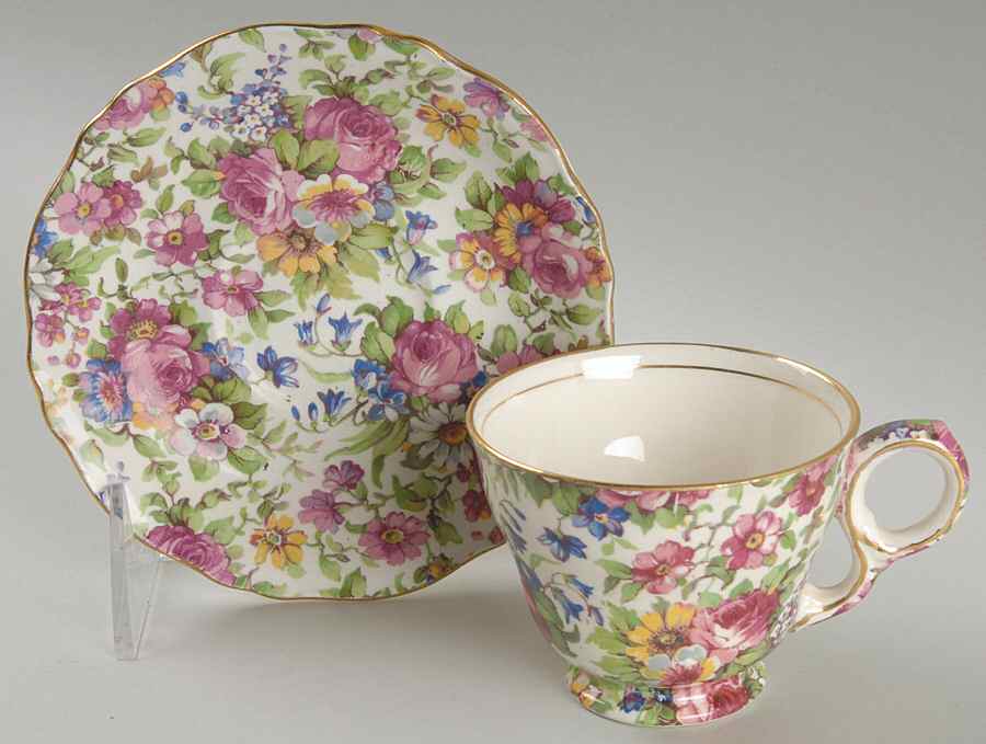 Summertime (Pre 1960, Cream Background, Gold Trim) Raleigh Footed Demitasse Cup & Saucer Set by Royal Winton-1