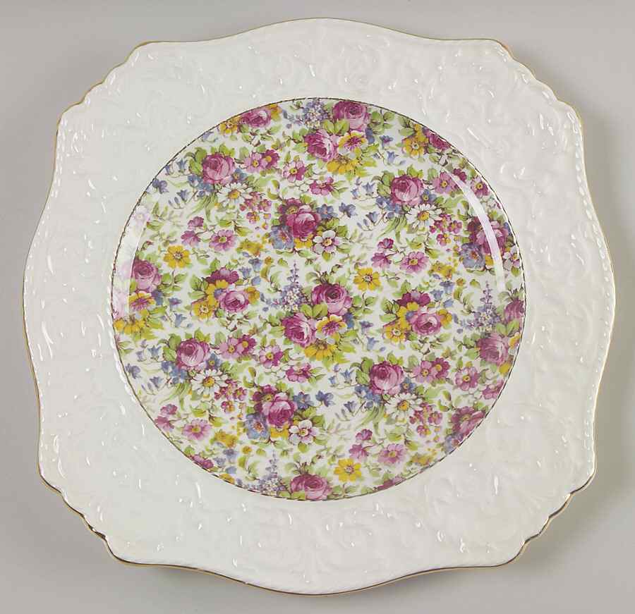 Summertime (Pre 1960, Cream Background, Gold Trim) Dinner Plate wWedgwood Border by Royal Winton-1