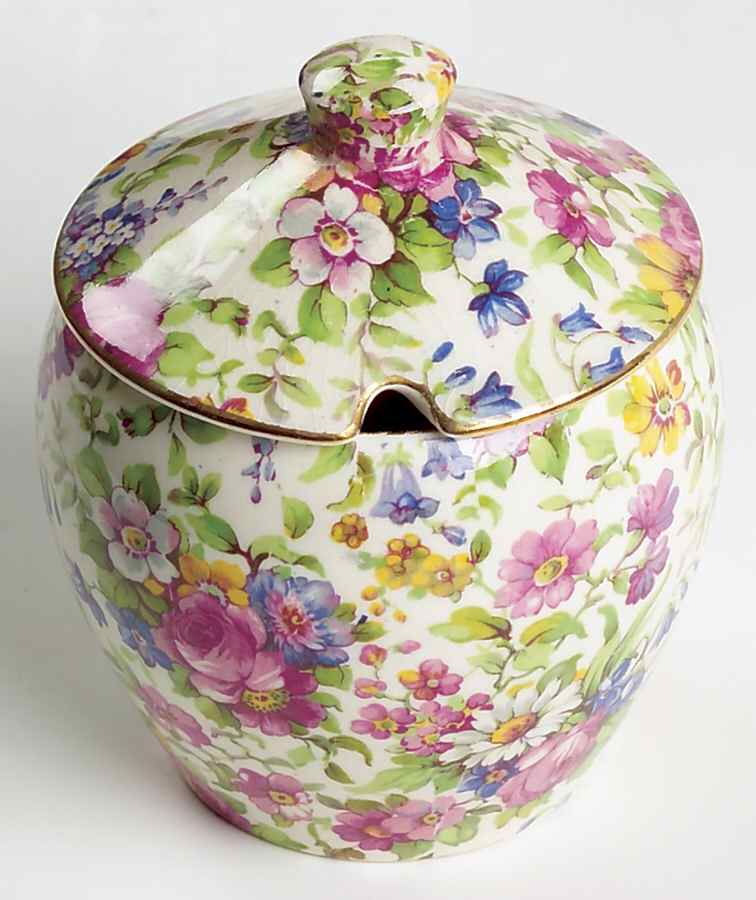 Summertime (Pre 1960, Cream Background, Gold Trim) Jam/Jelly & Lid by Royal Winton-1